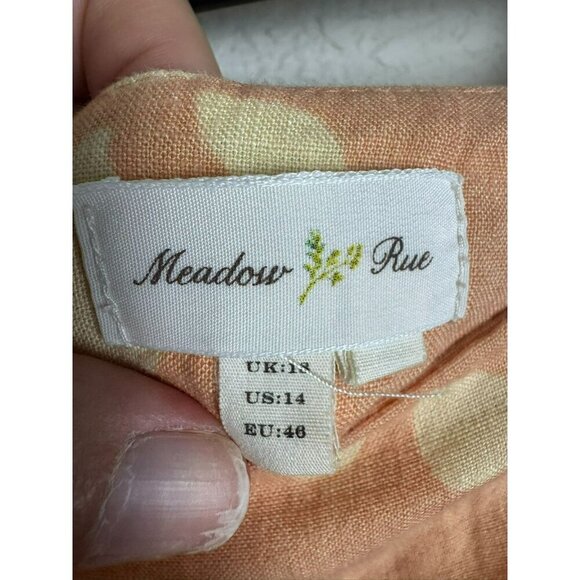 Anthropologie Meadow Rue Skirt Size 14 Linen Knee Length Peach Blue Bird A Line - Picture 3 of 9